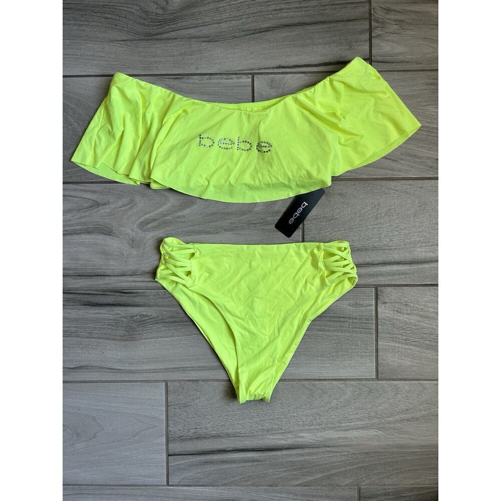 Y2K Bebe Two Piece Swimsuit With Rhinestone Logo Neon Yellow Size Large NWT